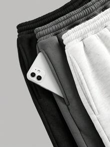 SHEIN 3 件套青少年女孩休闲运动裤，黑色和灰色，低腰松紧腰带宽松阔腿慢跑裤