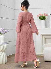 Modelyn V-Neck Jacquard Fabric Waist Bowknot Dress With Flared Hem, Plus Size, Long Sleeve - Pink - View 2
