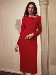 MOTF PREMIUM METAL DECOR STRUCTURAL WAIST-CINCHED MID-LENGTH DRESS - Red - View 6