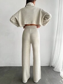 EURMUSE High Neck Bubble Sleeve Knitted Knitted Two Piece Set - Beige - View 2