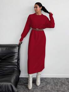 EURMUSE 女士纯色圆领优雅办公室长袖毛衣裙 - 酒紅色 - 查看 4