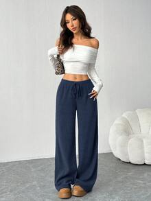 SHEIN EZwear 女式纯色简约日常新款罗纹打底裤 - 藏蓝色 - 查看 3