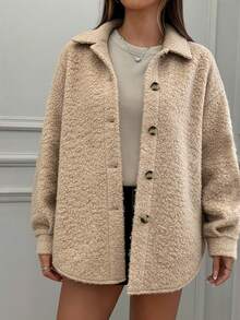 SHEIN EZwear 秋冬浅卡其色毛绒女大衣 - 杏色 - 查看 4