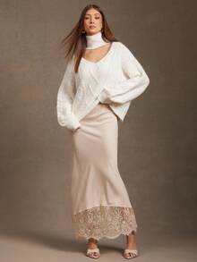 L'Amorae Women Cable Knit Sweater With Front Cut Out Fall - White - View 5