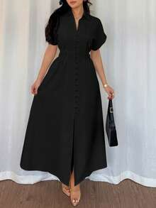 Rafferiza Women's Casual Shirt Dress With Button Front, Raglan Sleeves And Waist Cinching - Black - View 3