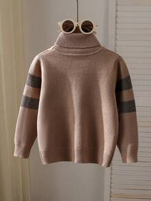 SHEIN Playful Pals Young Boy Casual Striped Jacquard Turtleneck Sweater, Soft & Comfortable For Outdoor, Holiday, Daily, School, Daycare, Play, Autumn/Winter Christmas Halloween Sweater Fall Cozy - Khaki - View 2