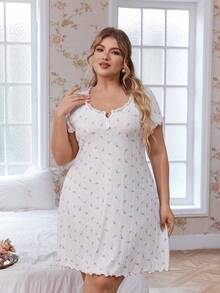 CottageSlumber Plus Size Women Jacquard Floral Lace Trim Nightgown - White - View 7