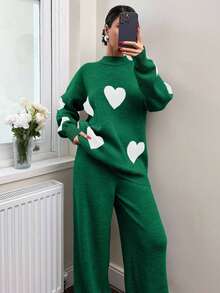 EURMUSE Conjunto de 2 peças de suéter e calça com estampa de coração e gola redonda para mulheres - Multicolorido - Ver 6