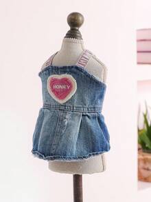 PETSIN 1pc Pet Dress, Cat And Dog Universal Clothes, Cute Embroidered Love Suspender Dress, Retro Blue Dress - 藍色 - 查看 9