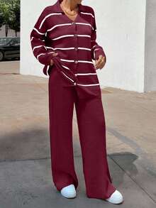 Women Striped Sweater Cardigan And Pant Set,Petite Co Ord,Co Ord,Petite,Winter Clothes - Burgundy - View 7