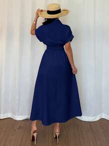 Rafferiza 女式休闲衬衫裙，前襟纽扣，插肩袖，收腰设计 - 寶藍色 - 查看 2