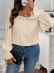 EMERY ROSE Blusa de manga larga con cuello cuadrado elegante y de moda para mujer de talla grande - Albaricoque - Ver 4