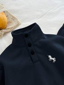 Genkimix Kids 2件套Genkimix 小男孩刺绣飞马半拉链休闲纯色上衣+纯色休闲慢跑裤套装