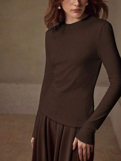 MOTF PREMIUM STRETCHY SKIN-FRIENDLY SOLID COLOR ROUND NECK SLIM FIT FASHIONABLE LONG SLEEVE VERSATILE WOMEN'S BASE LAYER TOP