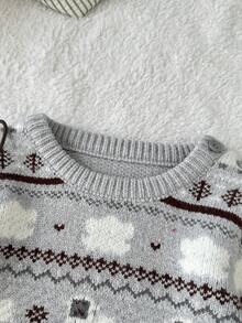 SHEIN Playful Pals 男婴休闲、时尚、简约可爱的灰色 Fair Island 针织圆领长袖毛衣，饰有小羊图案和条纹针织长裤，适合日常生活、旅行、度假、居家和托儿所穿着。 - 淺灰色 - 查看 6