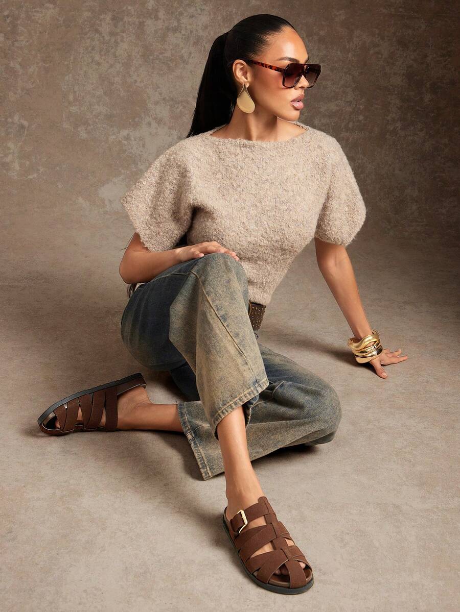 SHUZIA Giày lười đế bằng dệt phong cách La Mã cổ điển dành cho nữ - Màu nâu Sô-cô-la - Xem 1