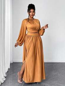 Maweii Plus Size Women's Elegant And Simple Party Solid Color Casual Simple Knitted Two-Piece Set - Yellow - View 6