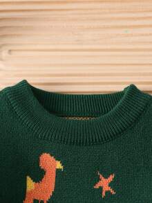 SHEIN Playful Pals Baby Boys' Dark Green Lion & Giraffe Jacquard Knit Sweater,Cute Autumn Matching Family Pullover,Soft Casual Holiday Jumper For Christmas & Halloween - Green - View 3