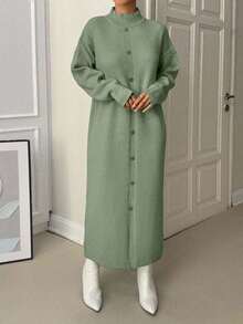 EURMUSE Đầm Maxi Cổ Lọt Khe Vai Rỗng Quá Khổ Thanh Lịch Có Nút - Màu xanh Bạc hà - Xem 5