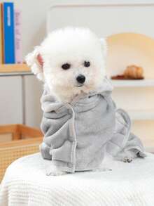 PETSIN 1件寵物吸水毛巾，柔軟加厚快乾，可愛灰色兔子連帽浴袍，附可調節肩帶，適合狗狗洗澡與美容梳理 - 灰色 - 查看 3