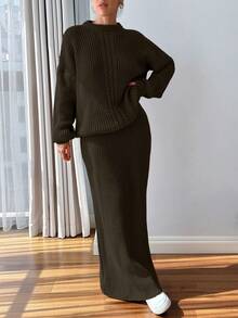 EURMUSE 女款麻花編織細節毛衣與裙子套裝 2件式套裝 羅紋針織兩件套 棕色兩件套 針織兩件套裙裝 羅紋毛衣兩件套裙裝 針織長裙套裝,小碼套裝,套裝,小碼,冬季衣物 - 軍綠色 - 查看 6