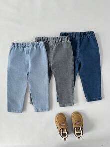 SHEIN Playful Pals 幼儿男童锥形牛仔裤，春秋新款，多色牛仔裤，休闲，修身，松紧腰，适合上学、户外、街头、日常穿着、派对、度假、通勤、居家 - 彩色 - 查看 2