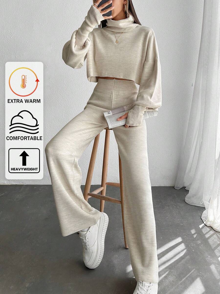 EURMUSE High Neck Bubble Sleeve Knitted Knitted Two Piece Set - Beige - View 1