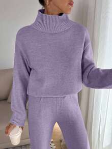 EURMUSE Women Relaxed Fit Turtle-Neck Sweater With Rib Knit Detailed And Straight Knit Pant Set,Co Ord,Winter Clothes - Lilac Purple - View 8