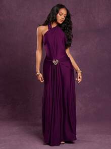 Hauture Sexy One Shoulder Halter Raspberry Dress – Front Drape Low Back & Metal Flower Party Dress