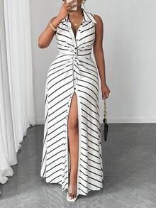 Maweii Plus-Size Women's Elegant Party White Casual Striped Knitted Dress With A Twisted Design. - Multicolor - View 1
