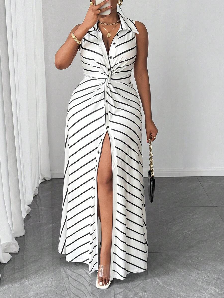 Maweii Plus-Size Women's Elegant Party White Casual Striped Knitted Dress With A Twisted Design. - Multicolor - View 1