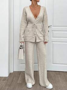 EURMUSE 2pcs/Set Knitted Long Sleeve Top With Pocket And Long Pants - Apricot - View 4