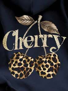 INAWLY Women's Casual Leopard & Cherry Print Drop Shoulder Sweatshirt, Autumn/Winter - Navy Blue - View 5