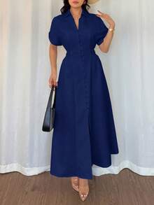Rafferiza 女式休闲衬衫裙，前襟纽扣，插肩袖，收腰设计 - 寶藍色 - 查看 3