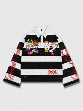 Prep Maglietta a maniche lunghe con colletto a righe, stile casual college, autunnale