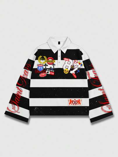 Street Life T-shirt imprimé à manches longues avec col rayé, style décontracté universitaire, automne