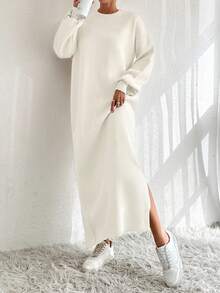 SHEIN Tall Women's Solid Color Round Neck Drop-Shoulder Long Sleeve Casual Minimalist Knitted Dress, Petite, Tall Travel Off-White Autumn Everyday - Beige - View 5