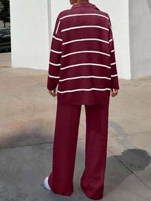 Women Striped Sweater Cardigan And Pant Set,Petite Co Ord,Co Ord,Petite,Winter Clothes - Burgundy - View 2