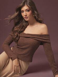 L'Amorae Women Brushed Rib Knit Off Shoulder Twisted Top, Fall Holiday Christmas Cozy Casual Nigh Out - Brown - View 1