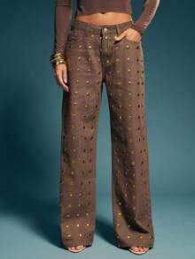 Denimoi Gold Studded Detail Straight Leg Denim Jeans, Fashionable, Fall And Winter - Brown - View 1