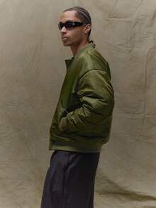 Musero Oversized Shine Down Ruched Sleeve Bomber Jacket Hidden Zip Detailing Fall/SPRING SUMMER - Army Green - View 5