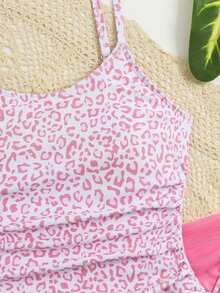 SHEIN 女童豹纹细肩带连体泳衣