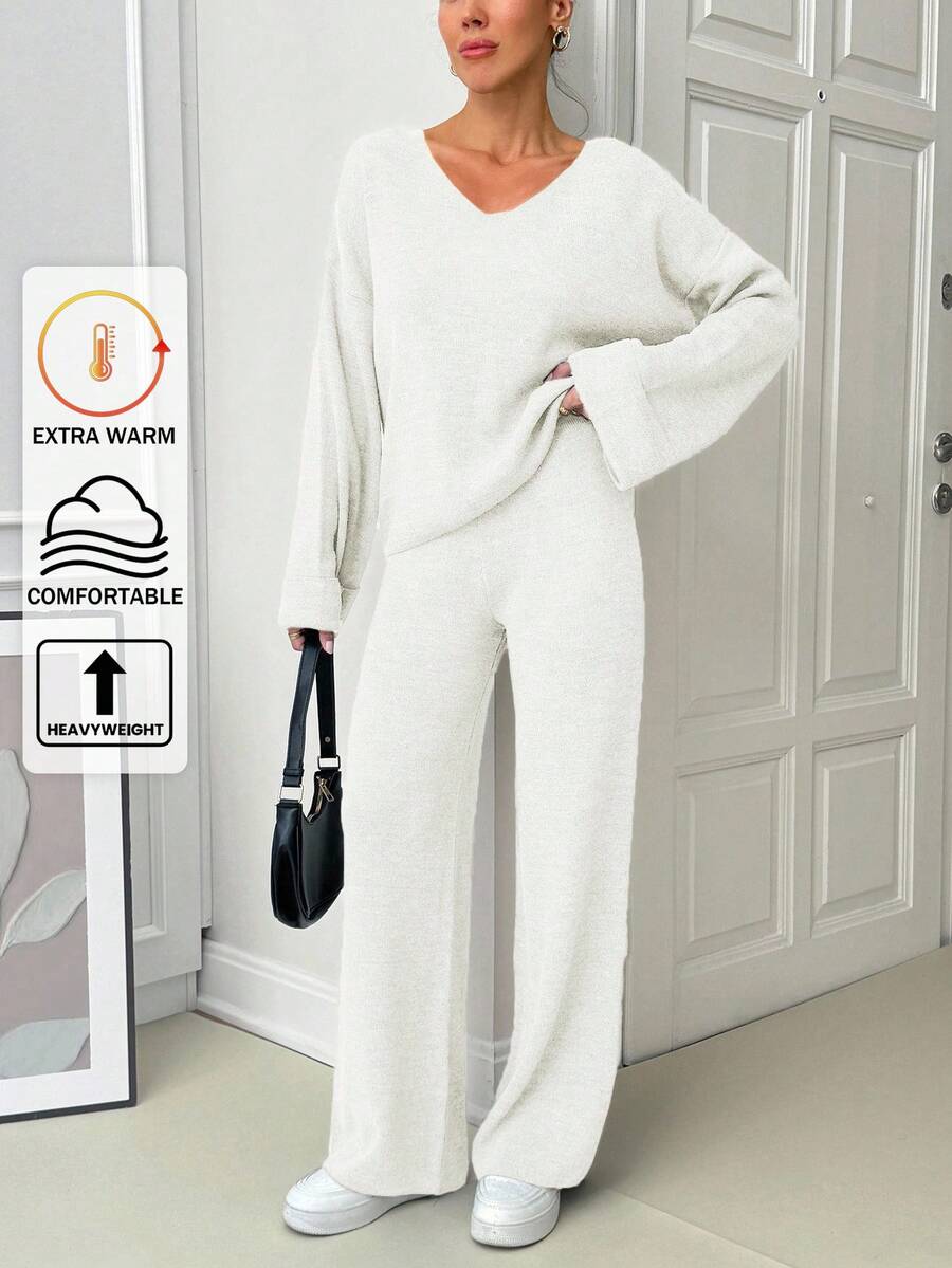EURMUSE Women V-Neck Flare Sleeve Detailed Sweater And Pant Set - Cream - View 1