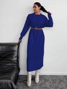 EURMUSE 女式纯色圆领长袖休闲日常针织连衣裙 - 藏蓝色 - 查看 4