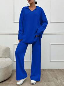 SHEIN Tall 2pcs/Set Solid Color Turn-Down Collar Sweater And Long Pants Outfit,Petite,Winter Clothes - Royal Blue - View 5