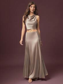 L'Amorae Women's Solid Color Draped Backless Twist Sleeveless Sexy Top - Brown - View 5