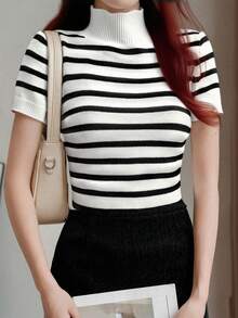 Almamuse 立领条纹印花修身短袖针织上衣