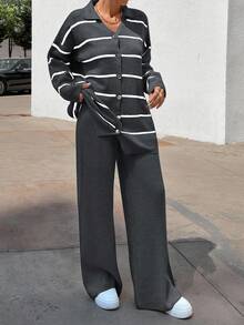 EURMUSE Women Striped Sweater Cardigan And Pant Set,Co Ord,Winter Clothes - Dark Grey - View 7