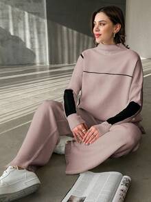 EURMUSE 2pcs/Set Women Solid Color Patchwork Long Sleeve Minimalist Top And Pants Set - Pink - View 6