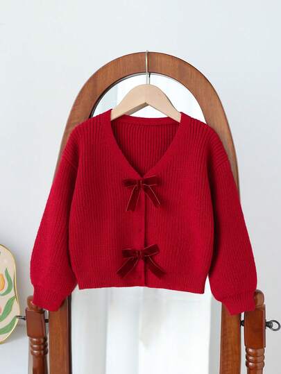 Novo cardigan retrô versátil e moderno com laço vermelho fofo para meninas